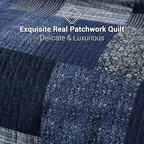 Queen Size Reversible Cotton Quilt Set with Pillow Shams - Azure Blue Variation