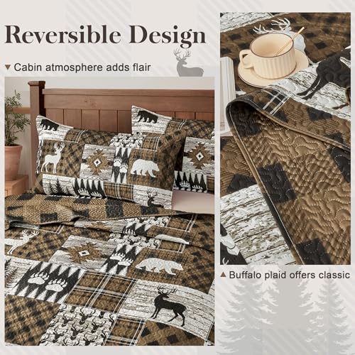 Bear Brown Reversible California King Quilt Set with Sham, Rustic Farmhouse Bedding