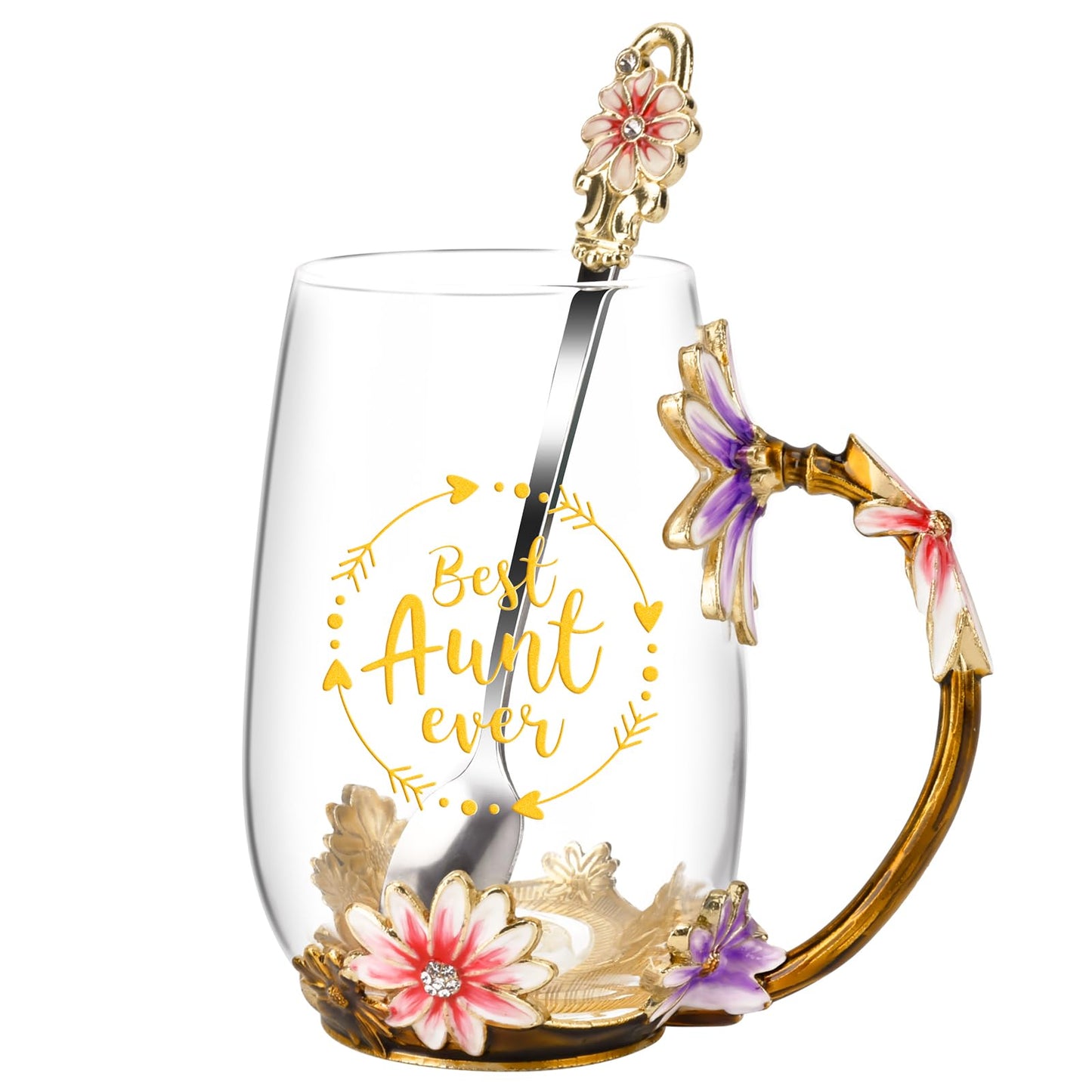 OEAGO Gifts for Aunt from Niece Nephew Tea Cup Cool Birthday Gift Enamel Flower Glass Mugs Christmas Mothers Day New Aunt Announcement Promoted