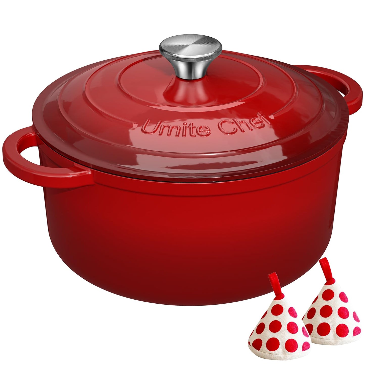 Umite Chef 7QT Enameled Cast Iron Dutch Oven with Lid & Cotton Potholders–Heavy-Duty Cookware for Bread Baking, Braising, Stews, Marinate, Cook(Red)