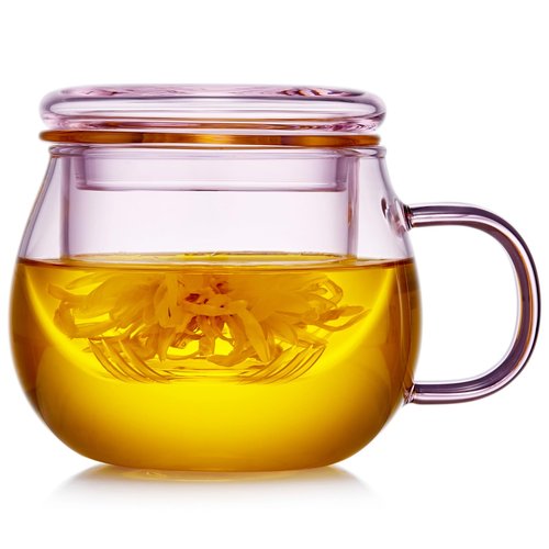 DOPUDO 11oz Pink Glass Tea Cup with Infuser and Lid– Versatile and Elegant Gift for Women, Perfect for Loose Leaf Tea and Other Beverages.