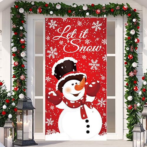 Augisteen Christmas Snowman Door Cover Winter Let It Snow Doors Banner Christmas Front Door Porch Banner Snowman Photography Backdrop Sign for Xmas New Year Winter Holiday Home Party Decor