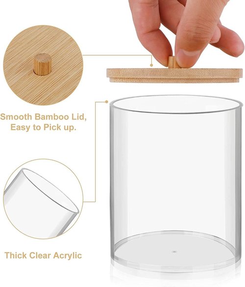 **Qtip Holder Dispenser | Bamboo Lids & Vanity Tray - 10 oz Clear Plastic Apothecary Jar for Makeup Storage**