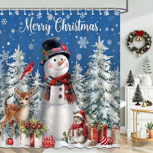 Mocsicka Blue Christmas Snowman Shower Curtain 72x72 Inches Waterproof Fabric Holiday Decor with 12 Hooks