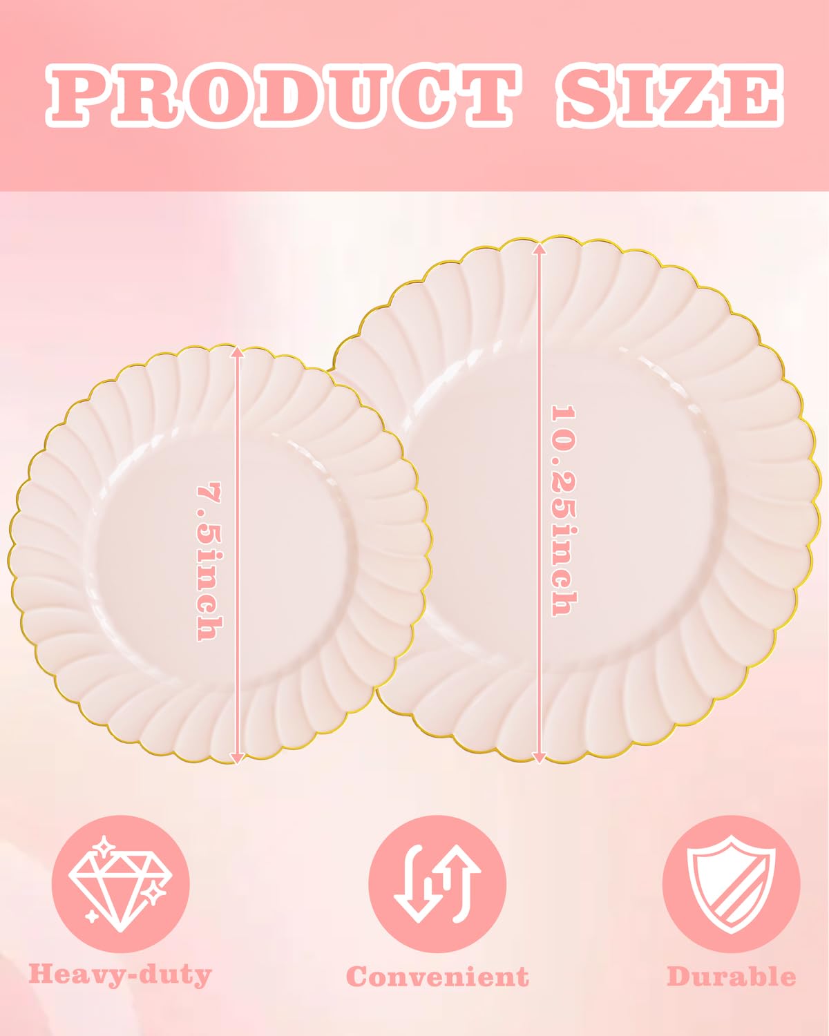 YOUBET 100PCS Pink Scalloped Plastic Plates - Heavy Duty Gold Disposable Fancy Hard Plates Include 50 Dinner Plate, 50 Dessert Plate, for Wedding & Party Mothers Day