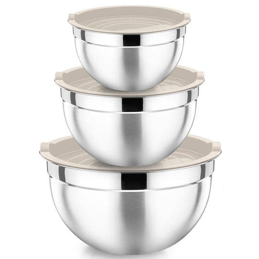 P&P CHEF Khaki Mixing Bowls with Lids, Set of 3, Stainless Steel Salad Nesting Bowl for Mixing, Storing, Prepping, Airtight & Stackable, Size 4.6/3 /1.5 QT