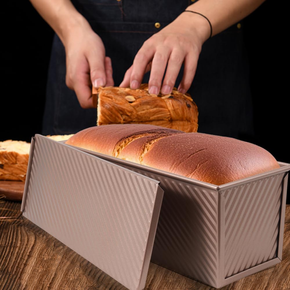 FDKYOEK Large Pullman Loaf Pan with Lid, 13 x 4 Inch 2 lbs Non-Stick Rectangle Bread Pan with Lid and Dough Scraper Cutter, Reusable Sourdough Loaf Pan for Homemade Bread & Toast, Rose Gold