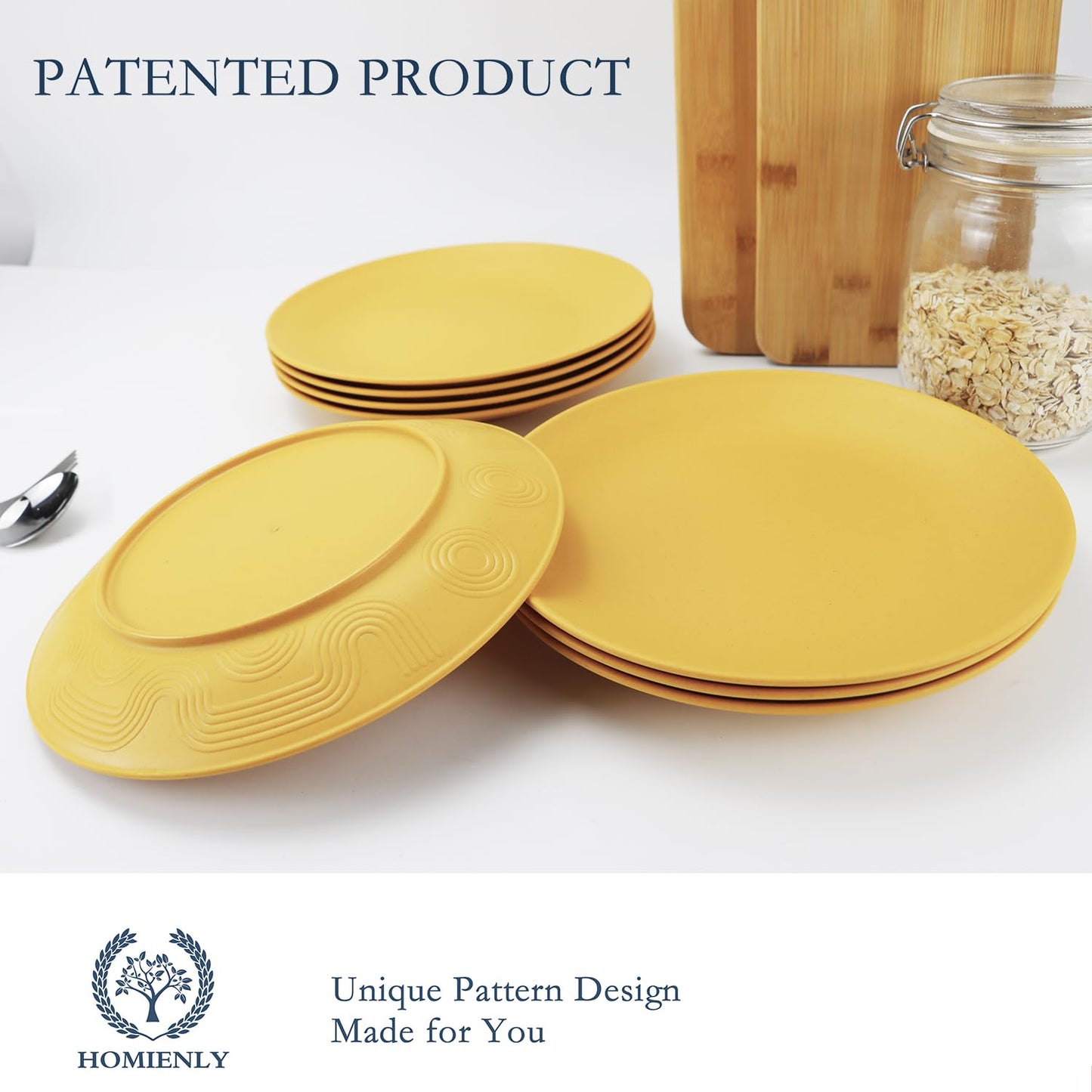 Homienly Flat Dinner Plates Set - 8 Microwave & Dishwasher Safe Wheat Straw Plates, Unbreakable, 9 inch Yellow
