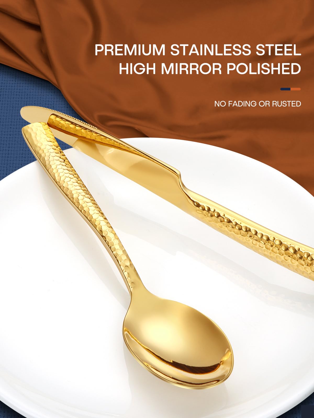 Stapava 48 Pc Gold Hammered Silverware Set with Steak Knives, Stainless Steel Gold Utensils Cutlery for 8, Mirror Flatware Include Forks, Spoons and Knives for Home, Hotel; Dishwasher Safe