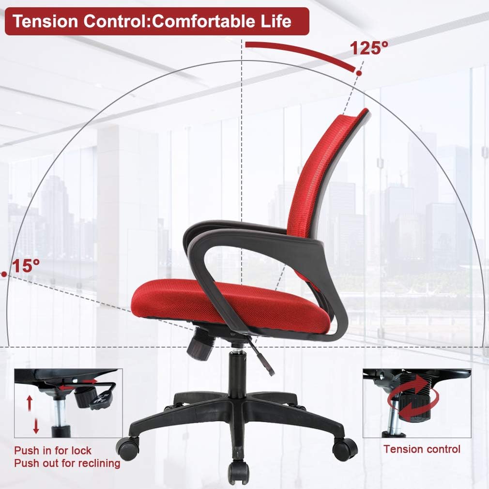 BestOffice Ergonomic Desk Chair - Mesh Computer Chair with Lumbar Support & Armrests | Red Mid Back