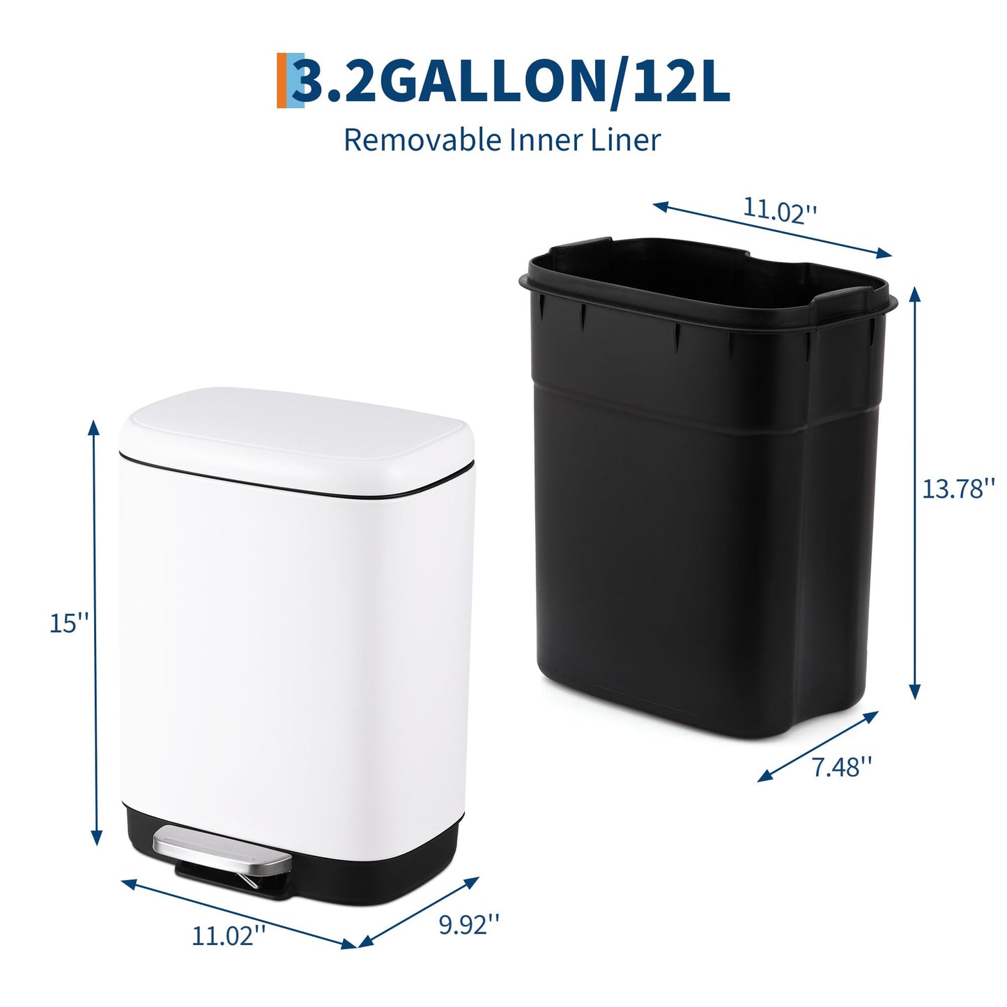Stainless Steel Trash Can, 3.2 Gallon Lid, Soft Closing Pedal, Fingerprint Resistant, Durable, Suitable for Kitchen Bathroom Trash Can,White