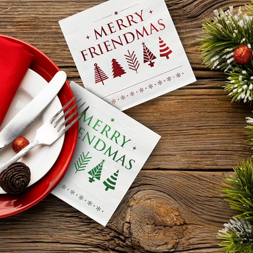 Merry Friendsmas Napkins – 52 Pack Cocktail Size Red & Green Paper Napkins