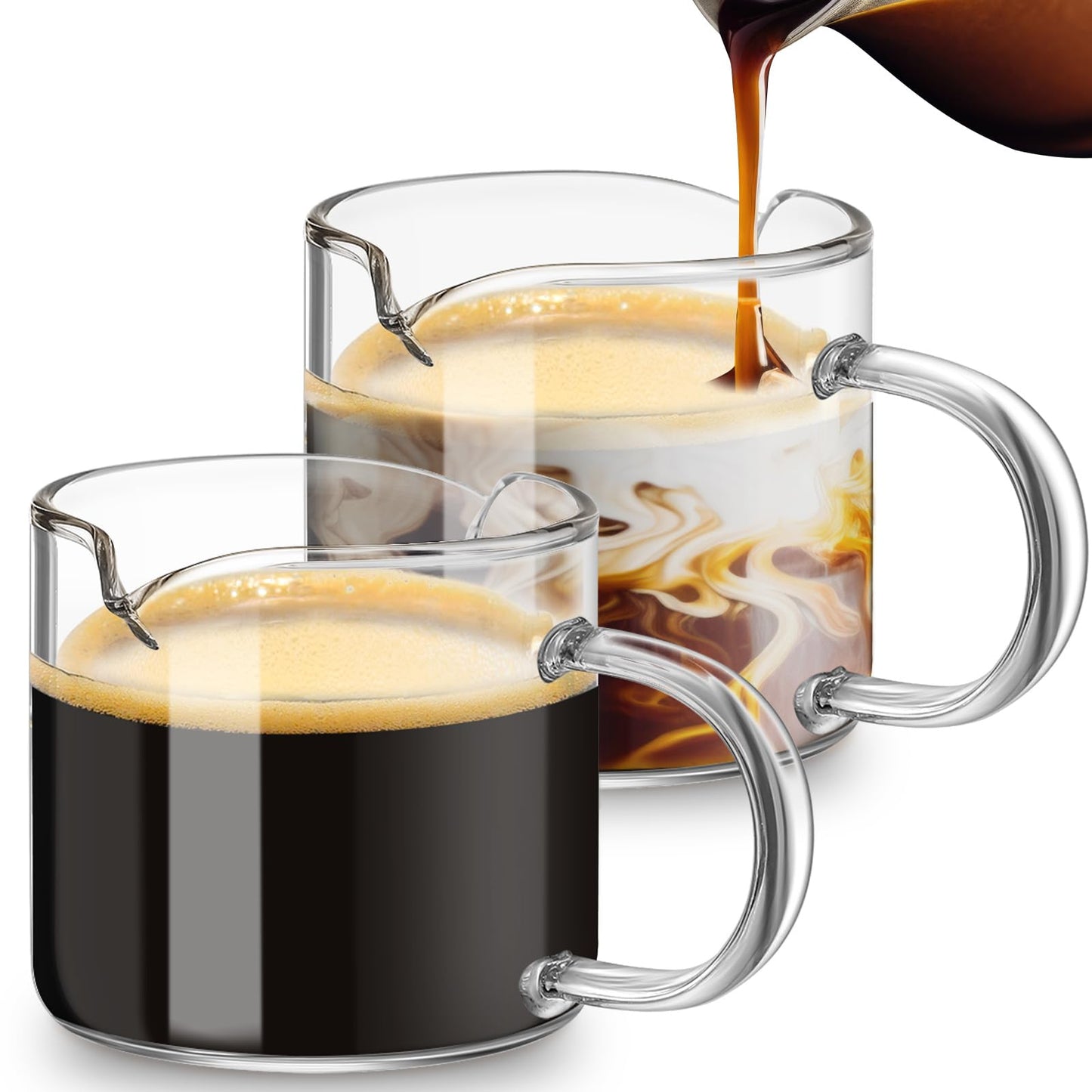 Patelai Espresso Cups Set of 2, 180ml/ 6oz Coffee Cups with Double Spouts & Handle, Clear Espresso Shot Glass for Espresso Machines, Milk Frothing, and Coffee Bars Accessories