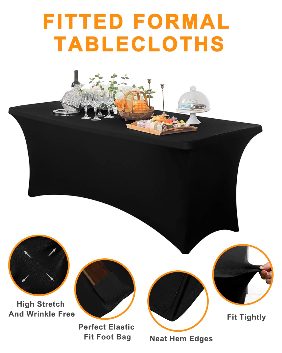 Spandex Table Cover 2 Pack 6FT Black Fitted Tablecloths,Washable Wrinkle Resistant Stretch Table Cloth Rectangle for Vendor Booth Display Items,Party Supplies for Adults,Wedding Decorations,Banquet