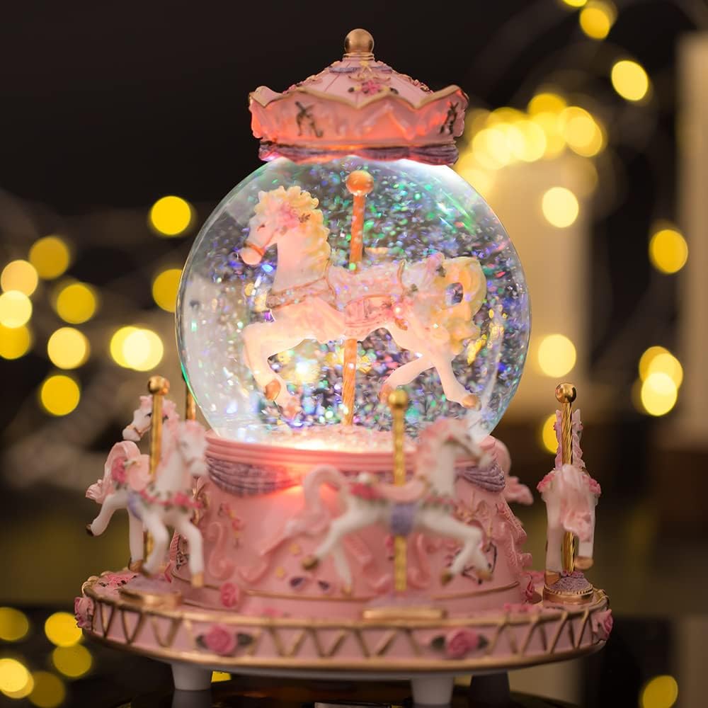 LOVE FOR YOU Musical Snow Globe Carousel | Gift-Wrapped with Ribbon, Colorful Lights & Horses - Perfect for Girls, Women & Kids