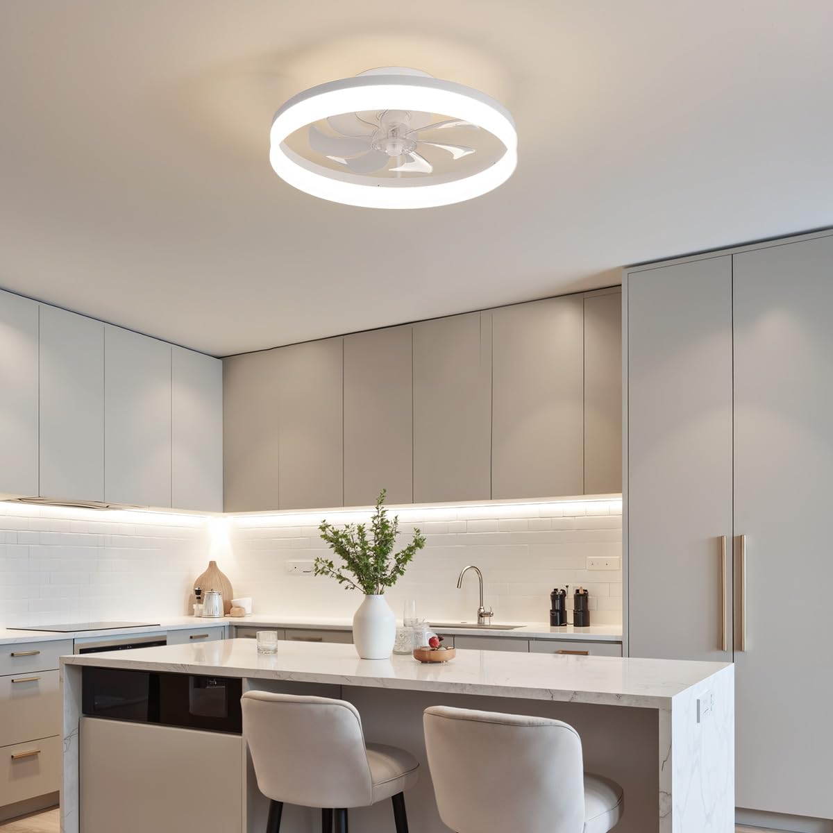 PUSU 15.8" Low Profile LED Ceiling Fans with Light, Reversible Flush Mount with Remote and 6 Winds Speeds Fan Lighting, 3 Colors Dimmable for Bedroom, Garage, Dinning Room, Kitchen (White)