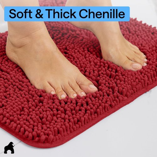 GORILLA GRIP Bath Rug Mat - Thick Soft Absorbent Chenille | Quick Dry Microfiber, 30x20, Red