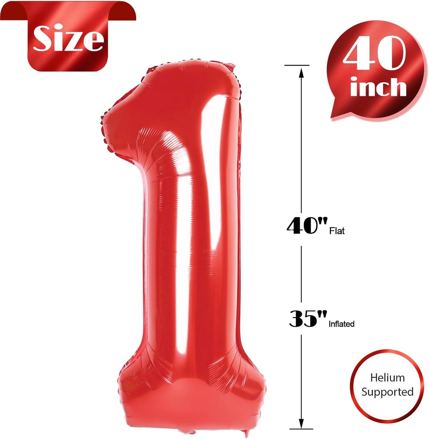 Red Number 1 Balloon - 40 Inch Shiny Red First Birthday Decoration for Baby Boy or Girl