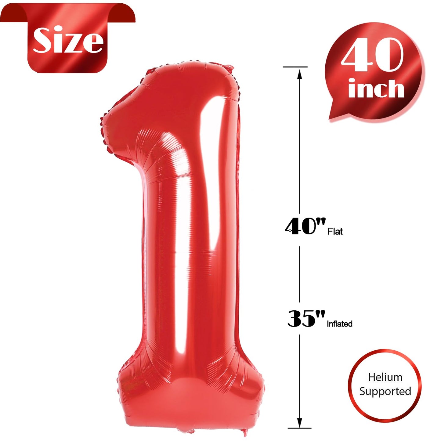Red Number 1 Balloon 40 Inch, 1st Birthday Balloon for Baby Boy Girl Toddler First Birthday Decorations, Shiny Red Party Supplies