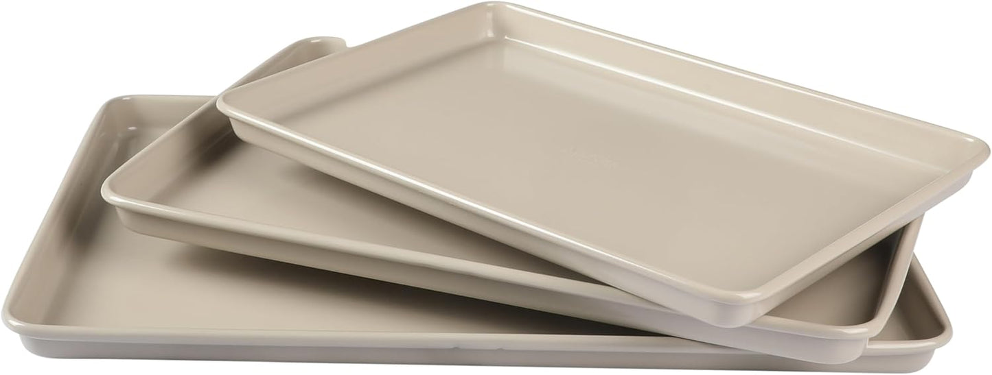 Martha Stewart Gallen 3-Piece Cookie Sheet Set | Nonstick Ceramic Baking Pans - 13", 15", 17", Taupe