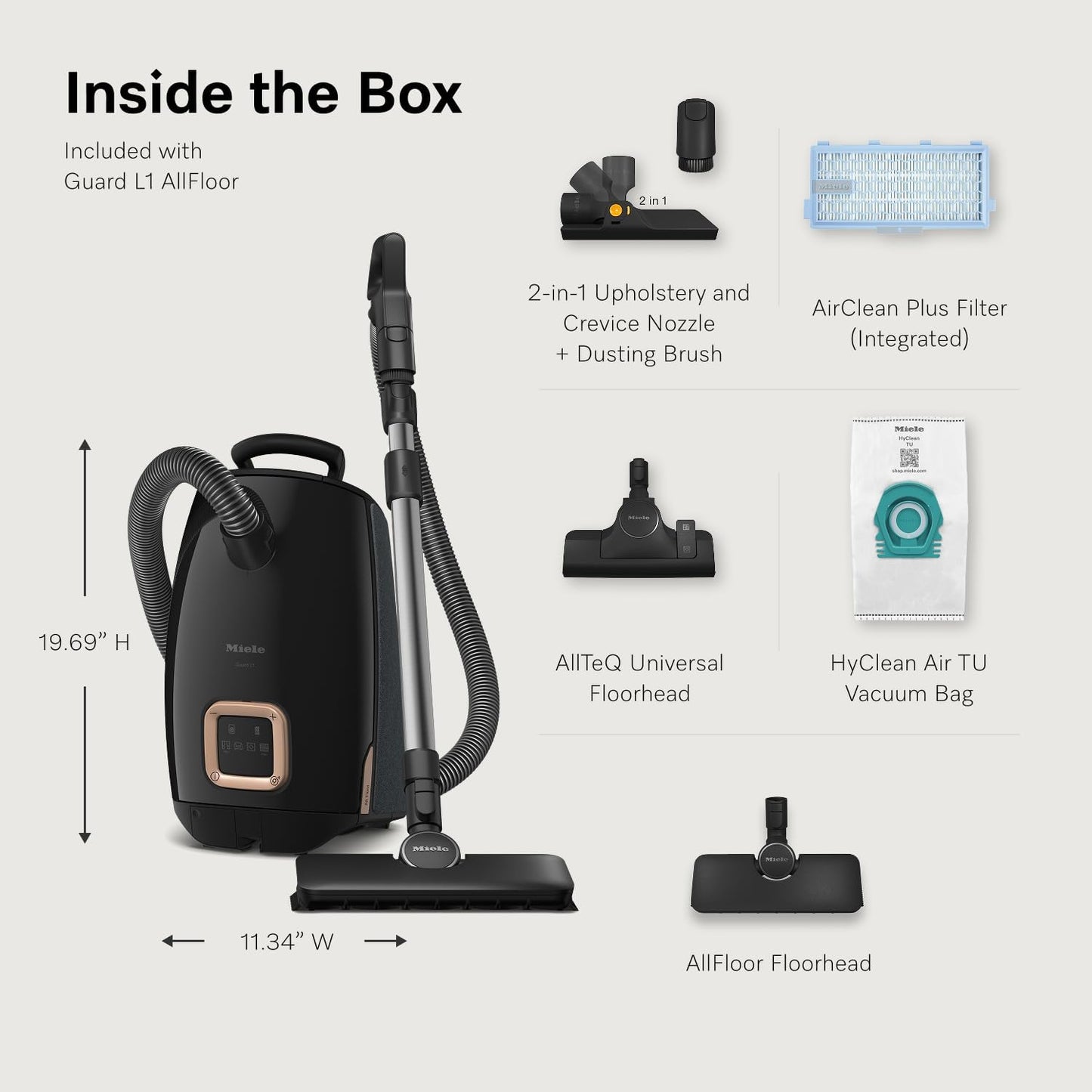Miele Guard L1 AllFloor Bagged Canister Vacuum - AirClean Plus Filter, LED Display, Obsidian Black/Rose Gold