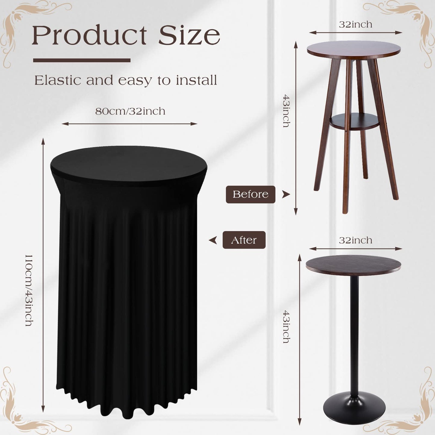 Tegeme 4 Packs Round Spandex Cocktail Tablecloths with Skirt 32 x 43 Inch Cocktail Round Table Cover Spandex Stretch Square Tablecloth Skirt for Table Bar Wedding Party Banquet (Black)