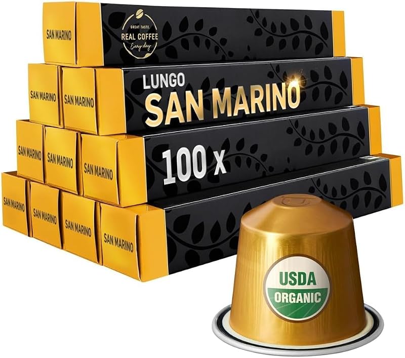 San Marino Organic Italian Lungo Coffee Pods for Nespresso Original - 100 Aluminum Capsules, Medium Roast, Fairtrade, Vari: Lungo San Marino