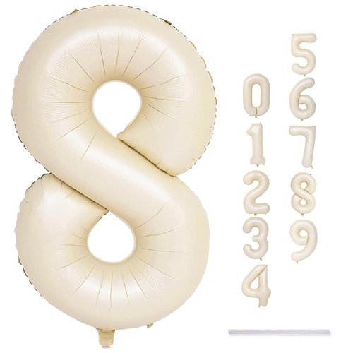 40 Inch Cream Foil Balloon Number 8, Giant Self Inflating Beige Number Balloons 0-9 for Men Women, White Sand 8 Helium Balloons Set for Girls Boys 8th Birthday Anniversary Party Decorations Supplies