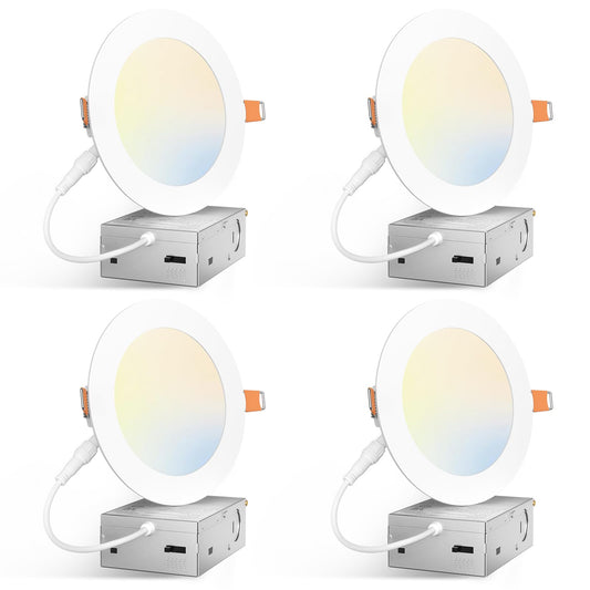 Amico 4 Pack 5 Inch 5CCT Ultra-Thin LED Canless Recessed Ceiling Light with Junction Box, 2700K/3000K/3500K/4000K/5000K Selectable, 11W=75W, 900LM High Brightness, Dimmable Wafer Downlight-ETL&FCC