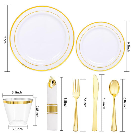 WDF Partyware 350Piece Gold Dinnerware Set for 50 Guests - Gold Plastic Plates with Disposable Cutlery - 50Dinner Plates-50Dessert Plates-50Pre Rolled Napkins with Silverware for Wedding/Mother's Day