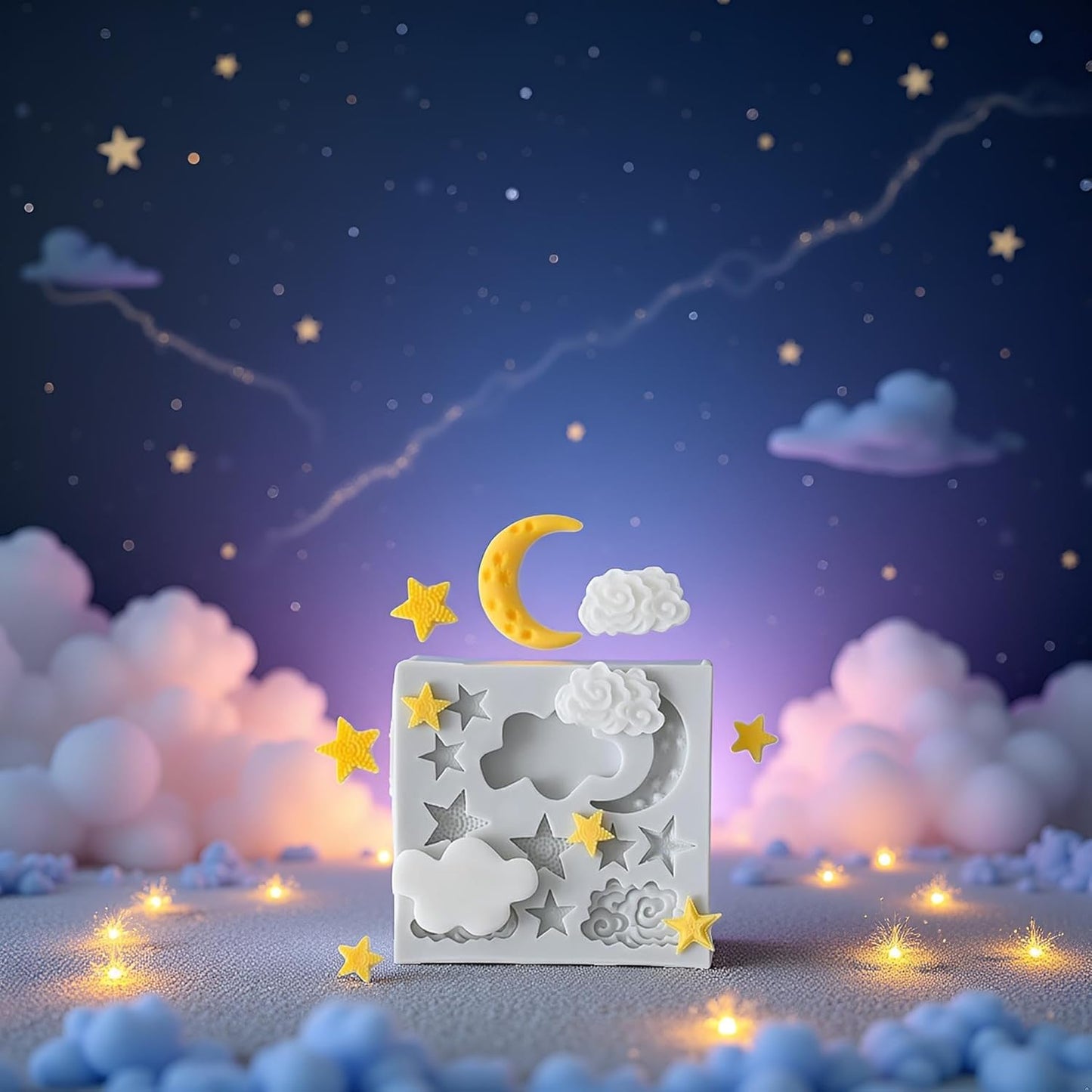 3Pcs White Star Moon Clouds Shaped Silicone Fondant Molds, Candy Chocolate Molds for DIY Cake Fondant Cookie Cloud Fondant Mold Moon For Candy Baking Sugar Cakes Decorating Candy Making Supplies