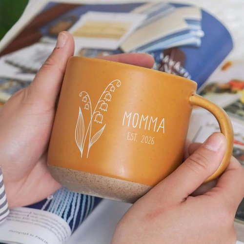 Custom Engraved Birth Month Flower Pottery Mug With Text - Personalized Cup With Name, Cute Mug Gifts for Women Mom Grandma