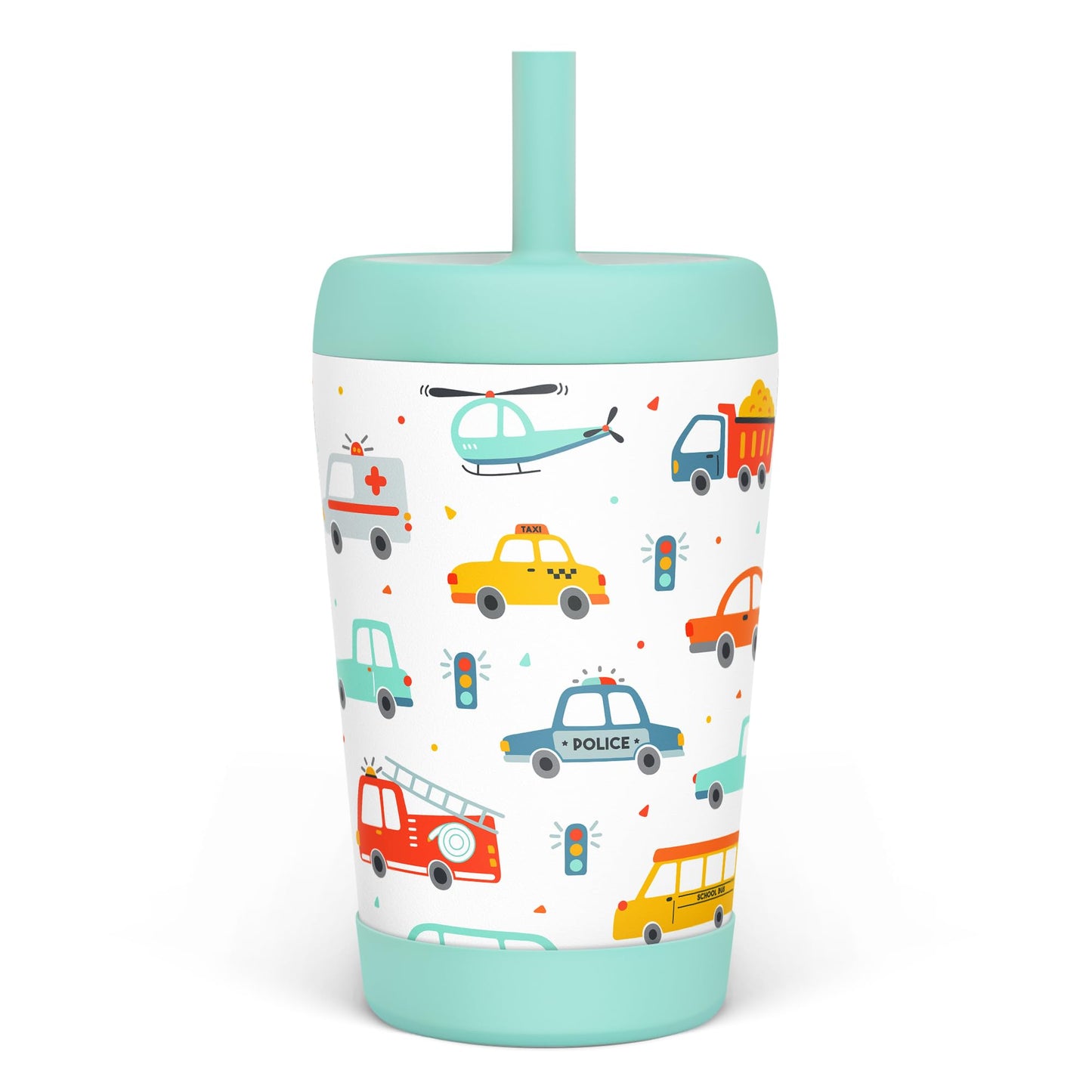 Kid Insulated Stainless Steel Tumbler with Silicone Straw, 12oz Sippy Cup for Kids (Transportation)