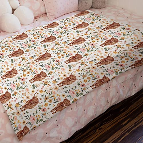 HawSkgFub Highland Cow Floral Boho Retro Baby Blanket Girls Gift, Western Farm Animal Yak Flower Flannel Fleece Nursery Bed Blankets, Soft Lightweight Newborn Infant Toddler Kid Crib Bedding 40 x 50