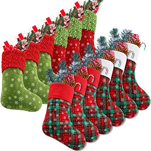 Syhood 12 Pieces 9 Inch Christmas Mini Stockings Bulk, 4 Styles Red Green White Xmas Stockings