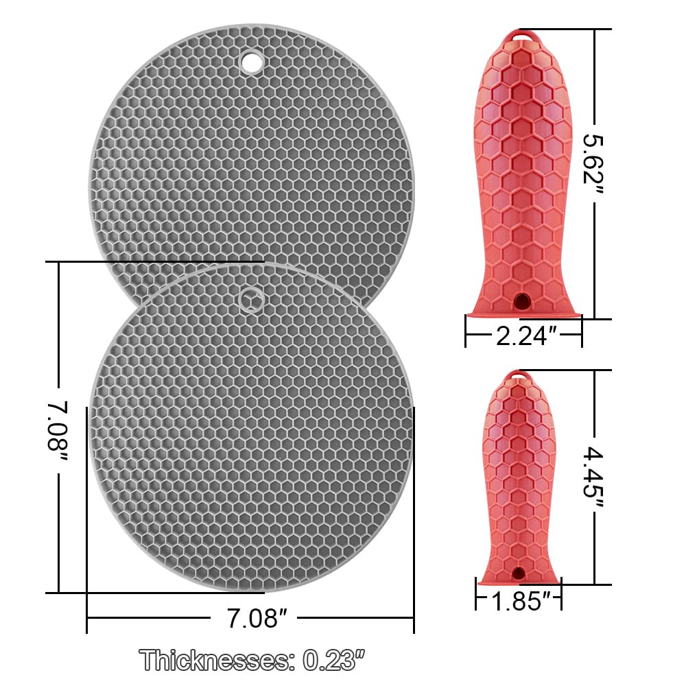 Silicone Handle Cover with Hot Pads for Kitchen - 2 Pack Heat Resistant Handle Covers for Cast Iron Skillets + 2 Multi-Purpose Hot Pads - Non-Slip, Heat-Resistant, with Hanging Holes (Red)
