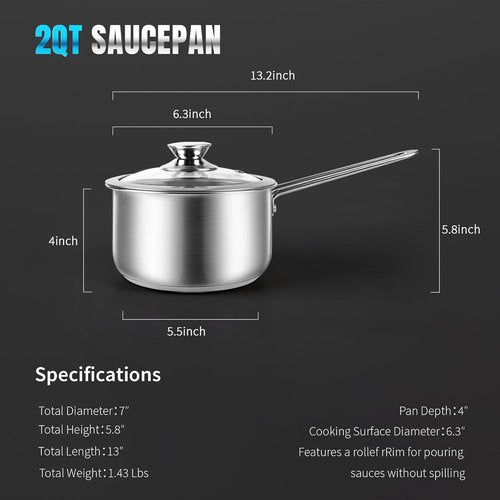 AuFranc® Tri-Ply Stainless Steel Saucepan - 2 Quart Induction Compatible with Glass Lid & Stay Cool Handle