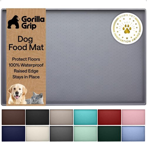 GORILLA GRIP Waterproof Silicone Pet Feeding Mat - 100% BPA Free, Spill-Proof Design | 18.5x11.5 Gray