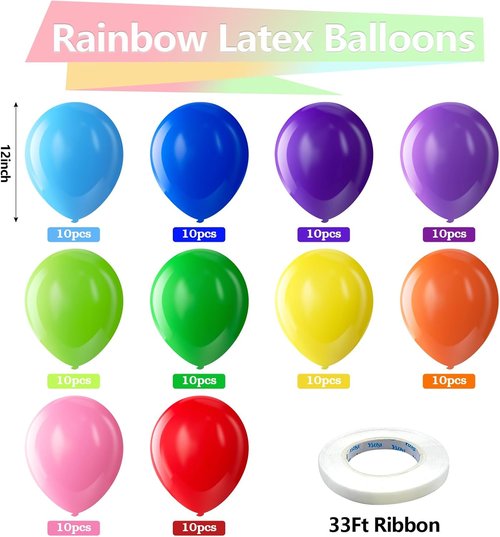 Bezente Rainbow Latex Balloons - 100 Pack with Balloon Tape Strips & Glue Dot Stickers | Party Essentials