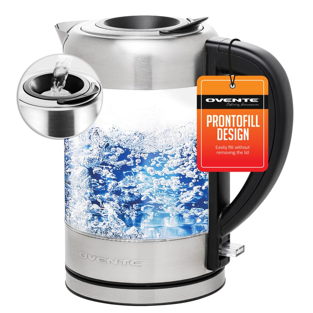 OVENTE Electric Kettle with 1.7L Borosilicate Glass, 1500W Instant Water Boiler and Heater for Coffee or Tea, BPA Free, Easy to Fill Lid, Auto Shut-Off and Boil Dry Protection, Silver KG612S