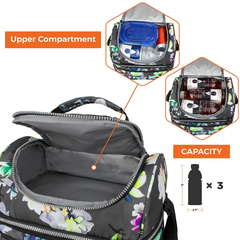 OPUX Insulated Lunch Bag for Women, Double Decker Leakproof Lunch Box Cooler Tote with Shoulder Strap, Large Lunchbox for Work School Travel Meal Prep, Adults Kids Men Girls Boys, Floral Gray, 16 Cans