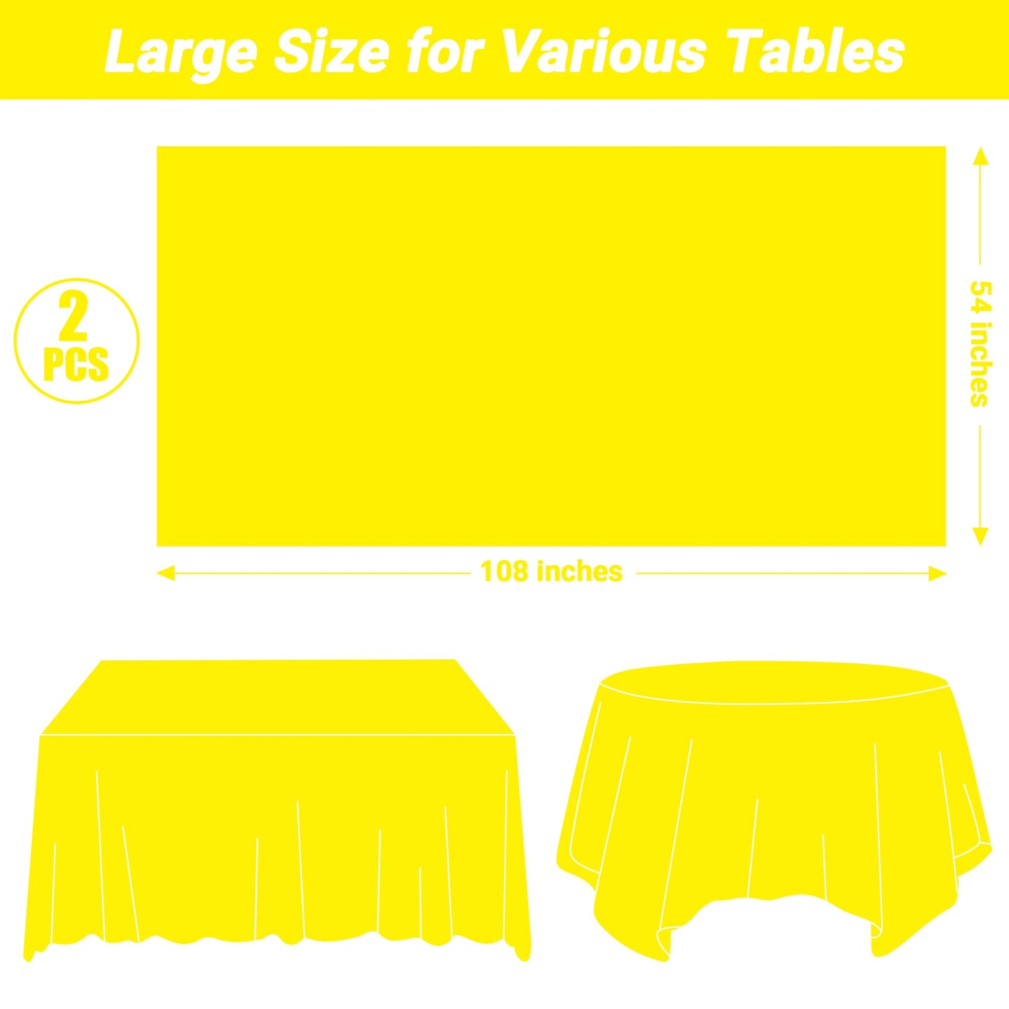 QZYL 2 Pack Plastic Table Cloths, 108 x 54 Inches Yellow Tablecloth, Decorative Yellow Rectangle Tablecloth Disposable Tablecover, Party Decorations Table Decor for Birthday Wedding Picnic