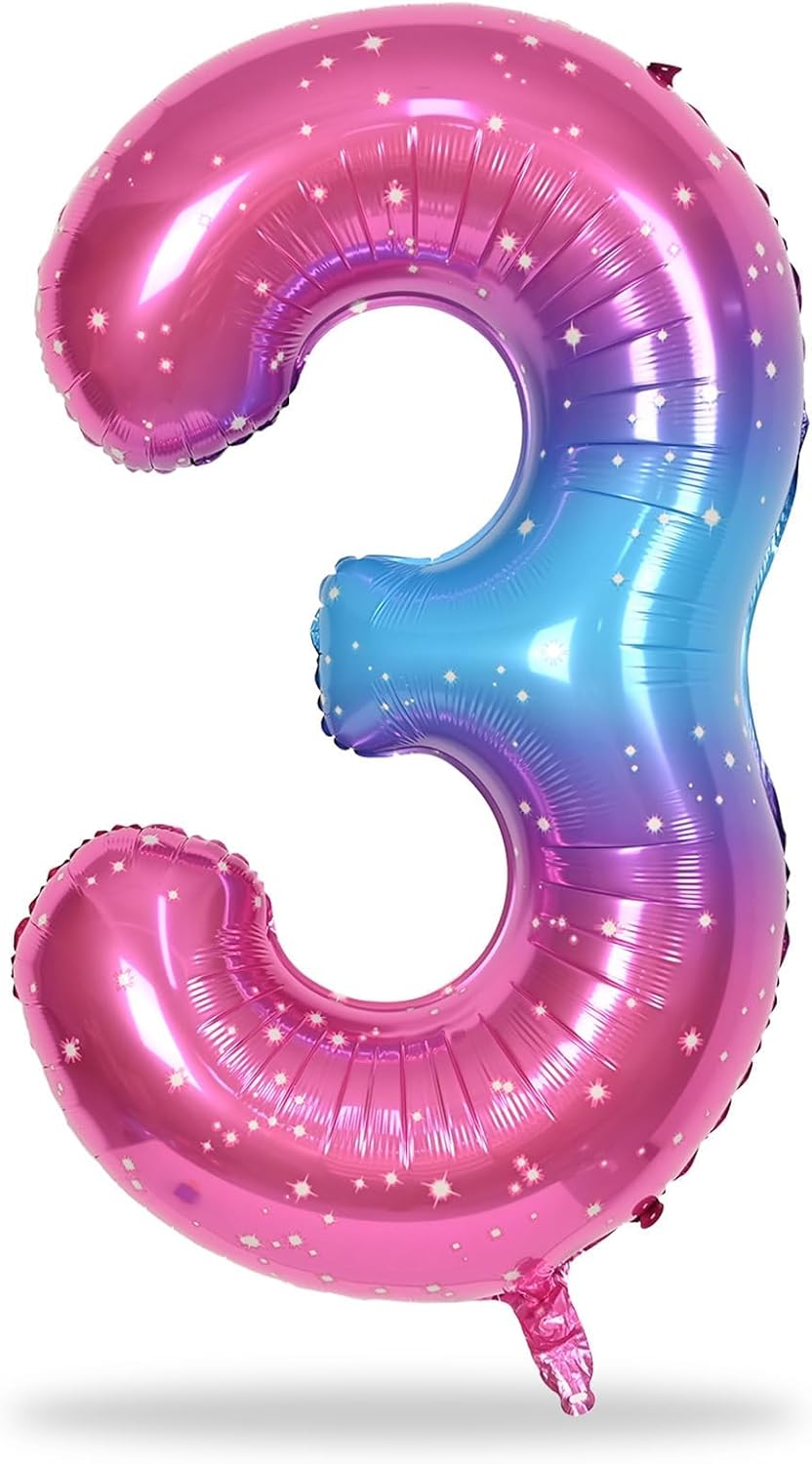 Skiennix 40-Inch Rainbow Number 3 Balloons - Self-Inflating Gradient Blue, Pink & Purple | Perfect for 3rd Birthday Celebrations