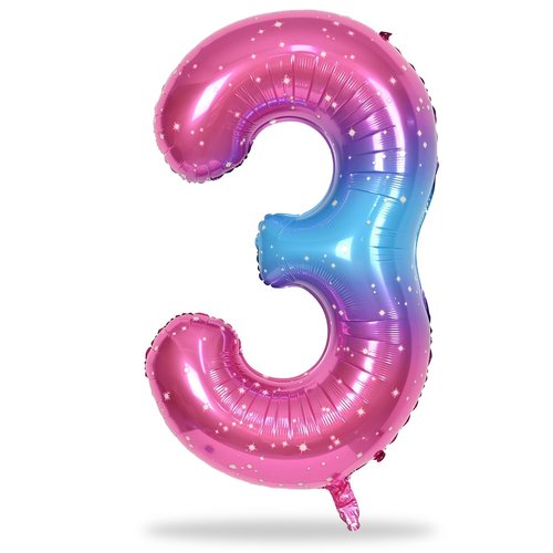 40 Inch Rainbow Large Numbers Balloons 3, Self Inflating Gradient Blue Pink Purple Digit 3 Helium Balloons for 3rd Girls, Starry Foil Mylar Number Balloons 0-9 for Women Birthday Party Decorations
