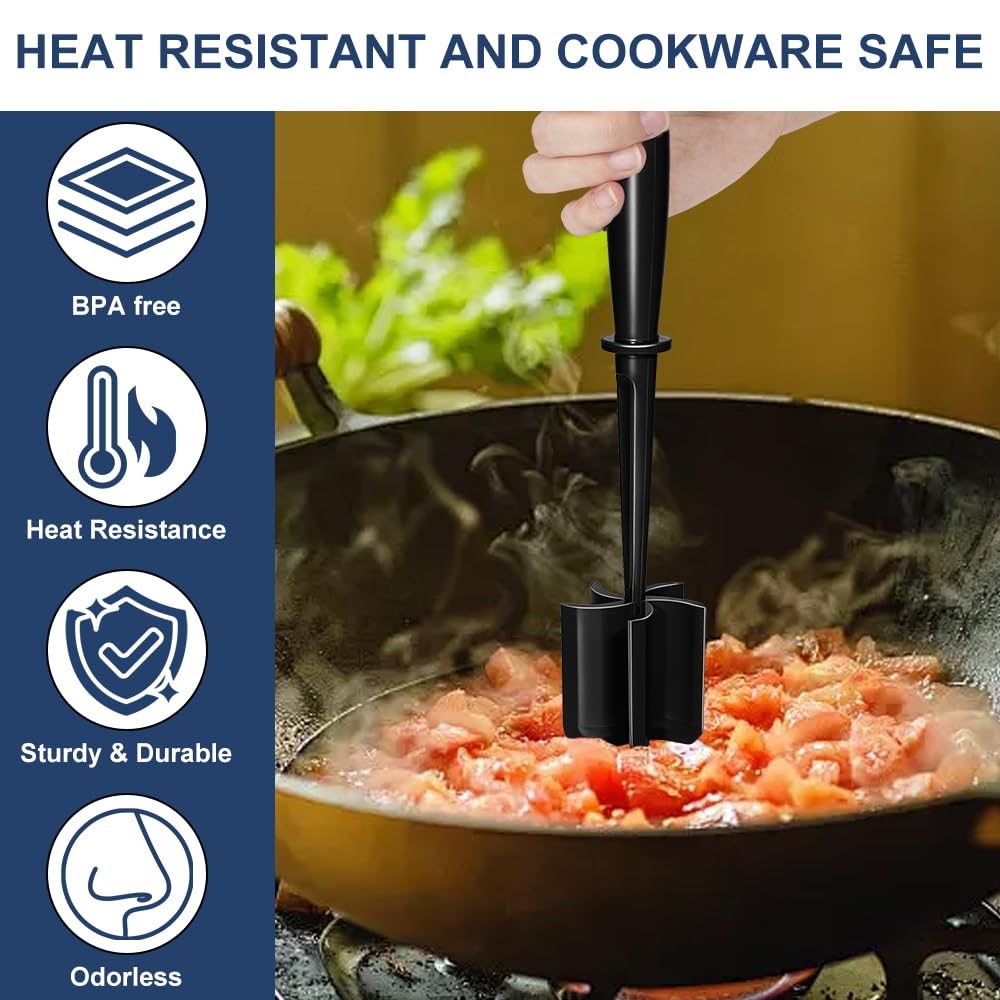 VUCVOLH Meat Chopper, Premium Heat Resistant Meat Masher, 5 Blades Ground Beef Masher, Non Stick Hamburger Smasher, Nylon Potato Masher, Dishwasher Safe, Black