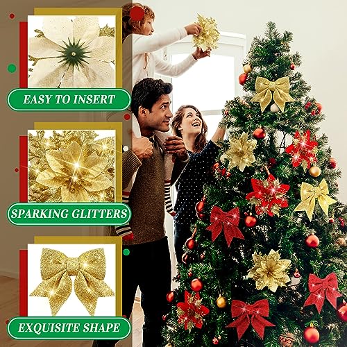 36Pcs Poinsettia Christmas Ornaments Set with Bows for Tree, Wreath & Centerpiece