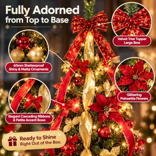 Skasii 5FT Red Pop Up Christmas Tree with LED Lights, Fully Pre-Decorated