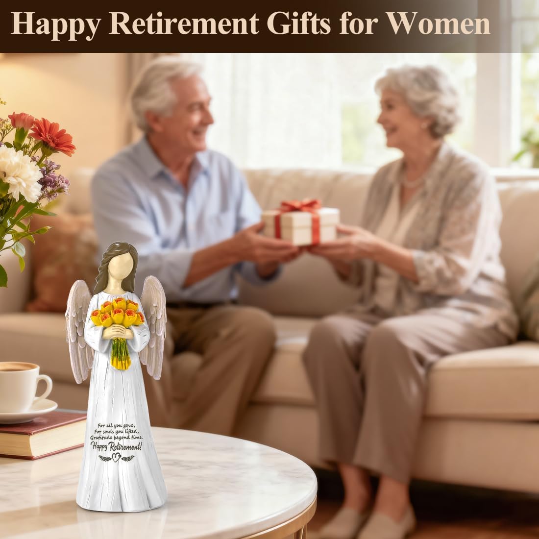 Sentimental Retirement Gifts for Women -Angel Figurine Retired Gifts for Teacher, Leader, Nurse, Coworker, Boss, Friends, Happy Retirements Hand-Painted Angel Statue with Flowers 7"