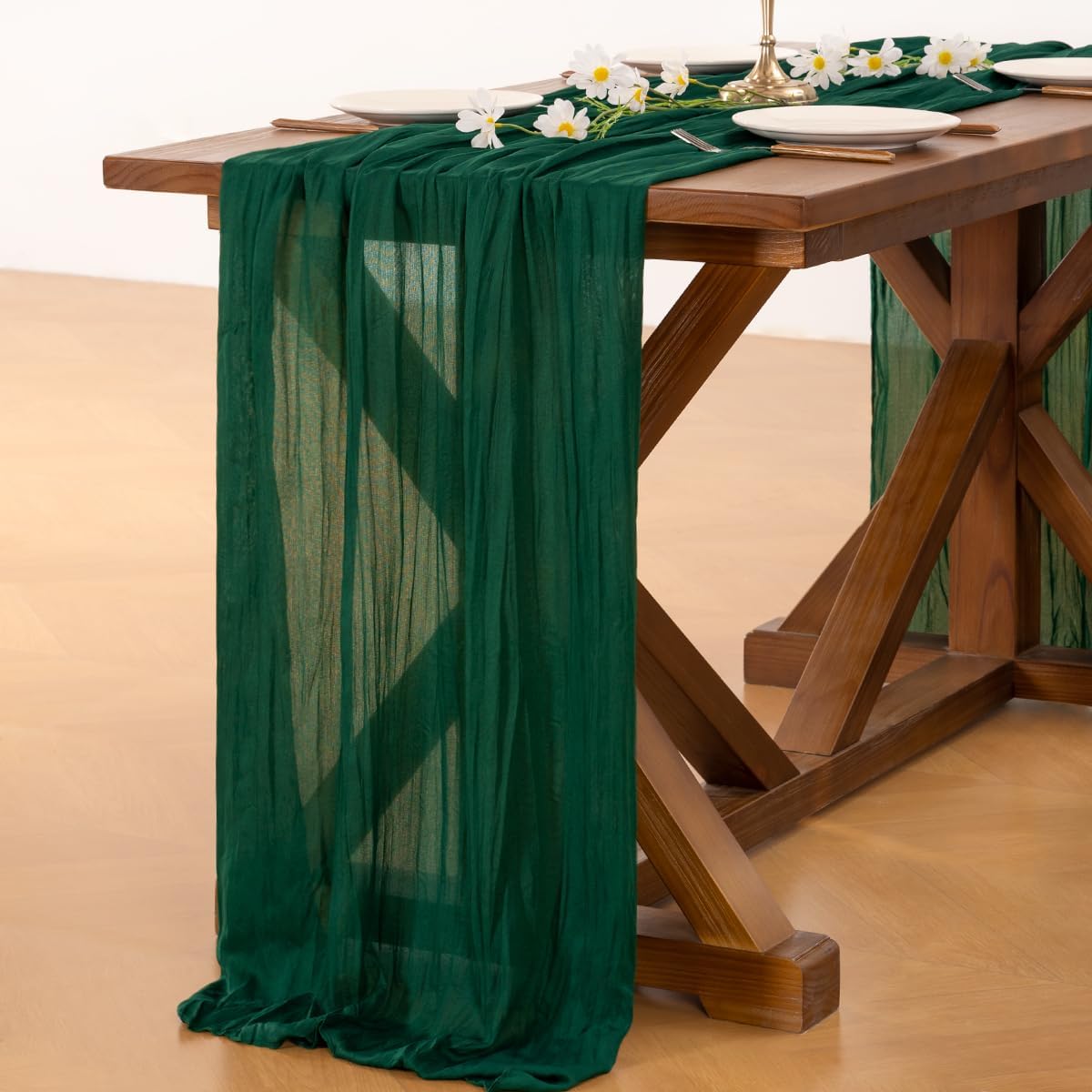 Socomi Emerald Green Cheesecloth Table Runner - 120 Inch Boho Rustic Decor for Weddings & Events