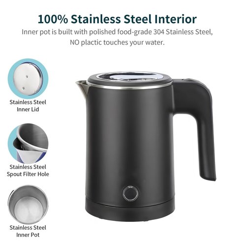 0.5L Small Portable Electric Tea Kettle Stainless Steel, Travel Mini Electric Coffee Kettle, Hot Water Boiler Heater for Business Trip, Camping, Travel, Office (Black)